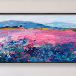 Landscape painting with lavender, original oil painting on canvas, hanging on a modern wall