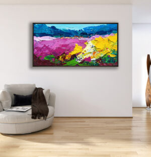 Landscape painting, original oil painting on canvas hanging in a modern living room with a beige sofa and home decor