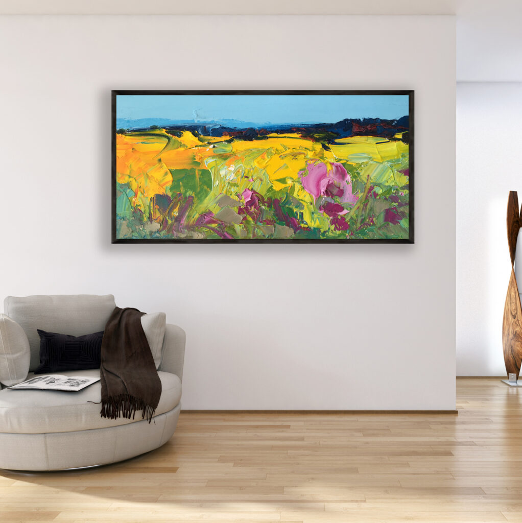 Landscape painting, original oil painting on canvas hanging in a modern living room with a beige sofa and home decor