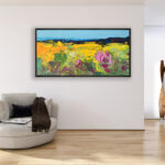 Landscape painting, original oil painting on canvas hanging in a modern living room with a beige sofa and home decor