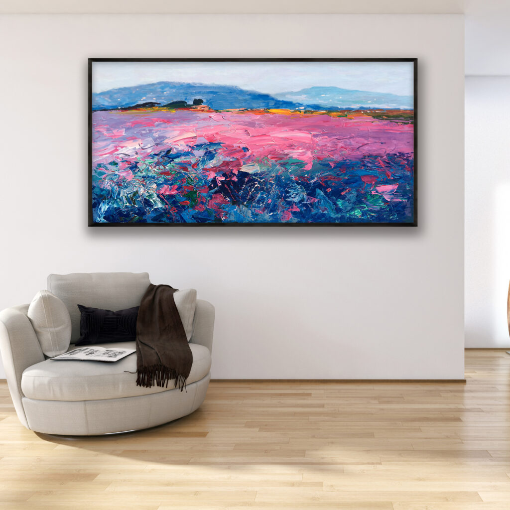 Landscape painting with lavender, original oil painting on canvas hanging in a modern living room with a beige sofa