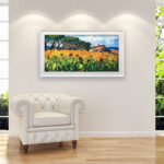 Landscape painting, original oil painting on canvas hanging in a modern living room with a white sofa and home decor