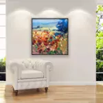 Landscape painting, original oil painting on canvas hanging in a modern living room with a white sofa and home decor