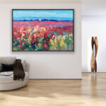 Landscape painting, original oil painting on canvas hanging in a modern living room with a beige sofa