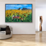 Landscape painting, original oil painting on canvas hanging in a modern living room with a beige sofa