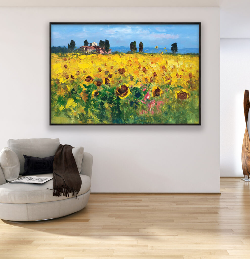 Sunflowers field art, landscape painting, hanging in a modern living room with a beige sofa