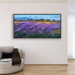 Landscape painting with lavender, original oil painting on canvas hanging in a modern living room with a beige sofa and home decor