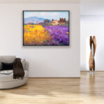 Tuscan Landscape painting, original oil painting on canvas hanging in a modern living room with a beige sofa