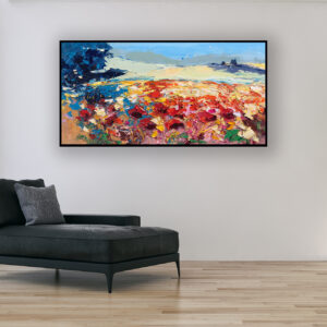 Landscape oil painting on canvas with poppies, original modern textured Italy wall art, framed wall art, perfect for living room wall decor and as unique gift ideas for her, displayed on the wall in a stylish room.