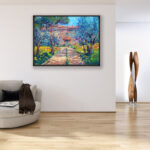 Landscape painting, original oil painting on canvas hanging in a modern living room with a beige sofa and home decor