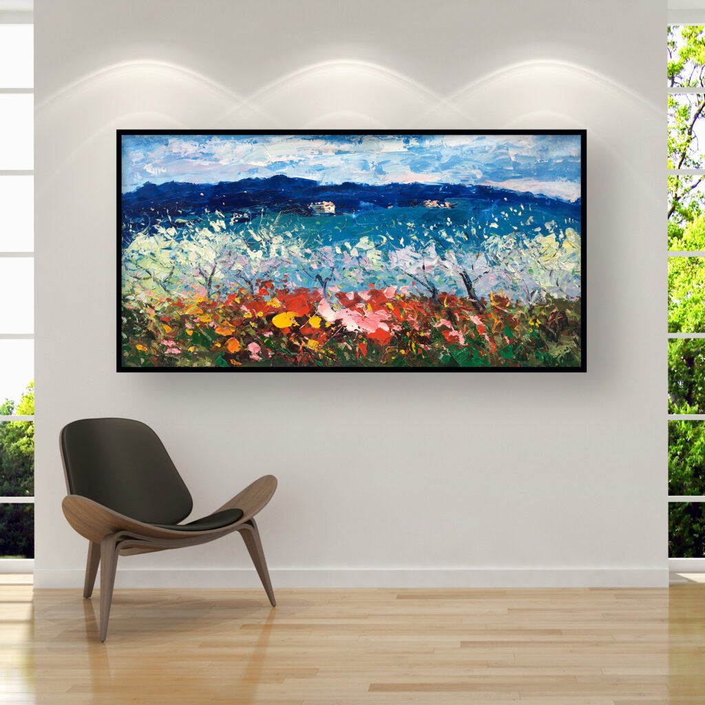 Landscape painting, original oil painting on canvas hanging in a modern living room with a brown armchair