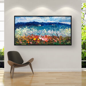 Landscape painting, original oil painting on canvas hanging in a modern living room with a brown armchair