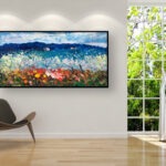 Landscape painting, original oil painting on canvas hanging in a modern living room with a brown armchair