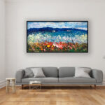 Landscape painting, original oil painting on canvas hanging in a modern living room with a gray sofa