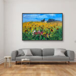 Landscape painting, original oil painting on canvas hanging in a modern living room with a gray sofa