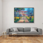 Landscape painting, original oil painting on canvas hanging in a modern living room with a gray sofa and home decor