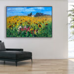 landscape painting, original oil painting on canvas hanging in a modern living room with a black sofa