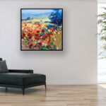 Landscape painting, original oil painting on canvas hanging in a modern living room with a black sofa and home decor