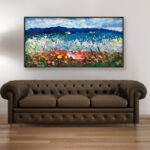 Landscape painting, original oil painting on canvas hanging in a modern living room with a brown sofa