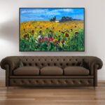 Landscape painting, original oil painting on canvas hanging in a modern living room with a brown sofa