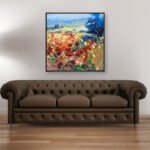 Landscape painting, original oil painting on canvas hanging in a modern living room with a brown sofa and home decor