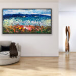 Landscape painting, original oil painting on canvas hanging in a modern living room with a beige sofa