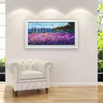 Lavender painting, original oil painting on canvas hanging in a modern living room with a white sofa and home decor