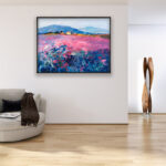 Lavender painting, original oil painting on canvas hanging in a modern living room with a beige sofa and home decor