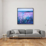 Lavender painting, original oil painting on canvas hanging in a modern living room with a gray sofa and home decor