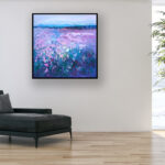 Lavender painting, original oil painting on canvas hanging in a modern living room with a black sofa and home decor