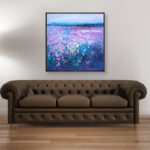 Lavender painting, original oil painting on canvas hanging in a modern living room with a brown sofa and home decor