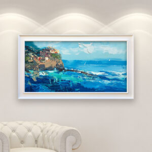 Manarola painting, original oil painting on canvas hanging in a modern living room with a white sofa and home decor