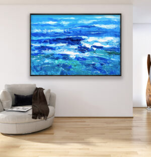 Ocean painting, original oil painting on canvas hanging in a modern living room with a beige sofa and home decor