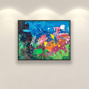 Underwater oil painting on canvas with rich impasto texture hanging in a modern living room