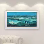 Ocean oil painting on canvas with rich impasto texture hanging on a modern wall, viewed from a medium distance.