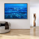 Ocean painting, original oil painting on canvas hanging in a modern living room with a beige sofa