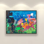 Underwater oil painting on canvas with rich impasto texture hanging in a modern living room