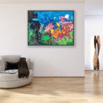 Underwater oil painting on canvas with rich impasto texture hanging in a modern living room with a gray sofa