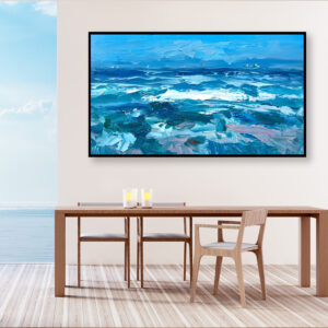 Ocean painting, original oil painting on canvas hanging in a modern living room with table and ocean view