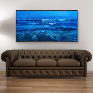 Blue ocean painting, original oil painting on canvas hanging in a modern living room with a brown sofa