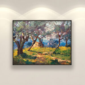 Olive Trees painting, original oil painting on canvas, hanging on a modern wall