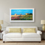 Impressionist Beach oil painting on canvas with rich impasto texture hanging in a modern living room with a white sofa, showing full room decor.