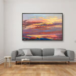 Sunset painting, original oil painting on canvas hanging in a modern living room with a gray sofa