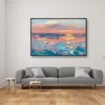 Sunset painting, original oil painting on canvas hanging in a modern living room with a gray sofa