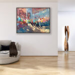 Palio Siena painting, original oil painting on canvas hanging in a modern living room with a beige sofa and home decor