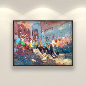 Palio Siena painting, original oil painting on canvas, hanging on a modern wall