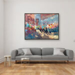 Palio Siena painting, original oil painting on canvas hanging in a modern living room with a gray sofa and home decor