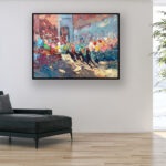 Palio Siena painting, original oil painting on canvas hanging in a modern living room with a black sofa and home decor