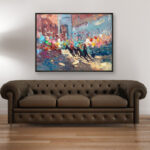 Palio Siena painting, original oil painting on canvas hanging in a modern living room with a brown sofa and home decor