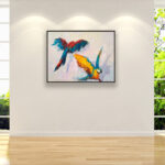 Parrots painting, original oil painting on canvas, hanging on a modern wall